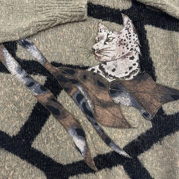 Vintage 80s Cat Sweater Size L Beaded Hollywood & Vine Art Deco Retro Animal - Picture 2 of 8